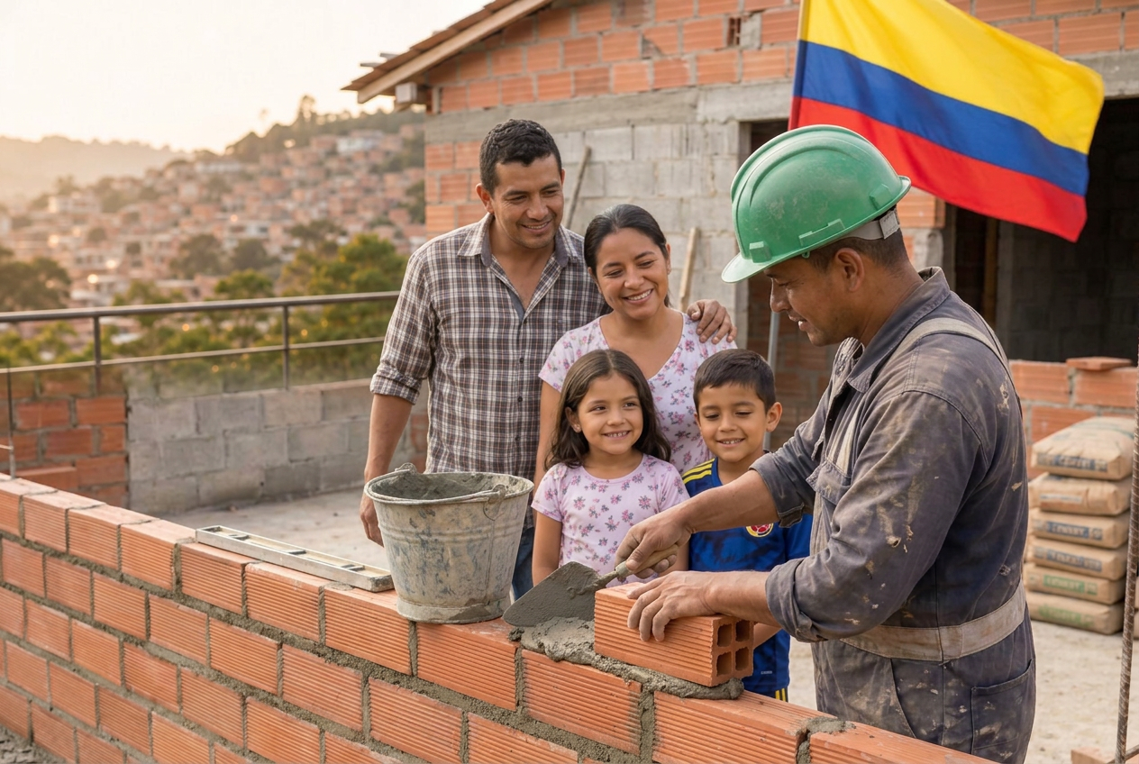 Albañil colombiano construyendo un muro con su familia sonriendo detrás y la bandera de Colombia
